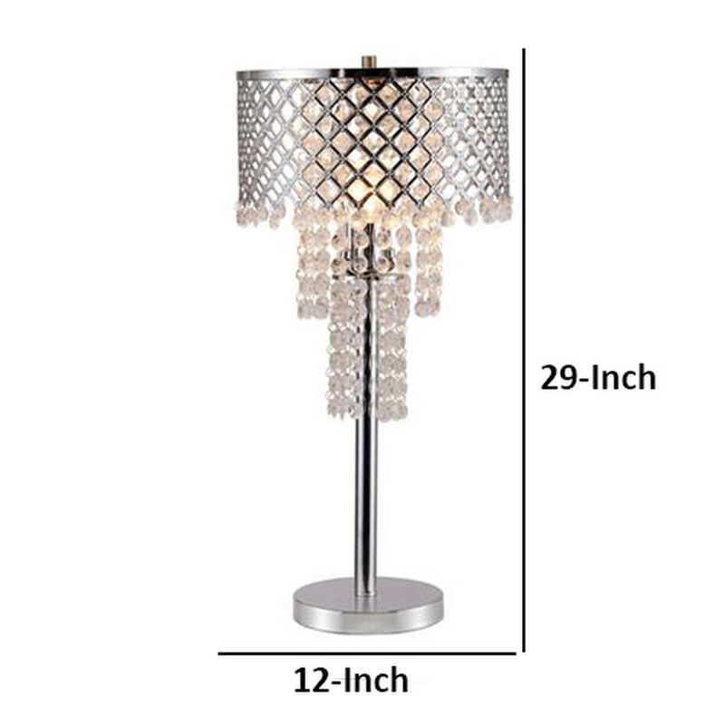 Denise 29 Inch Table Lamp, Glass, Metal Frame, Mesh Shade, Crystals, Gold - Benzara
