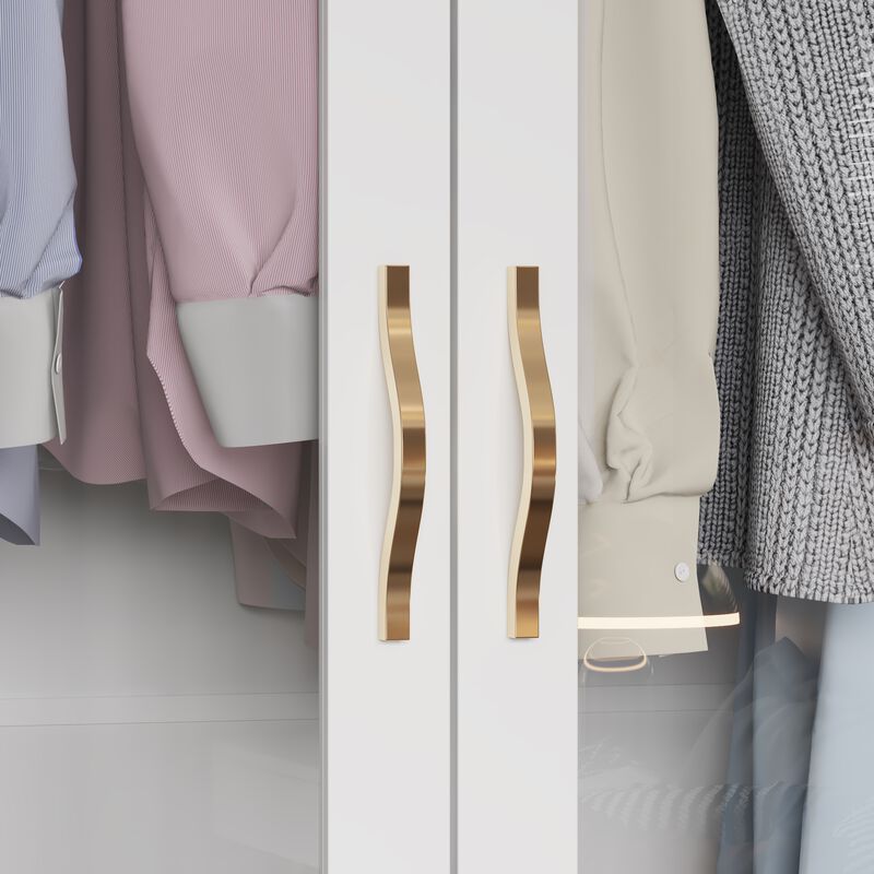 White Armoire Wardrobe Closet with Glass Doors, 9 Drawers, 4-Tier Shelves & Hanging Bar, Wooden Closet Storage Cabinet with Large Compartment for Bedroom