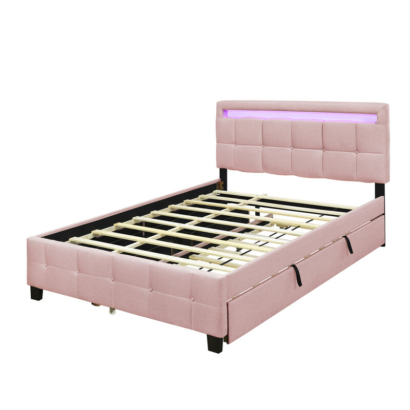 Upholstered Queen Platform Bed with LED Frame & Trundle