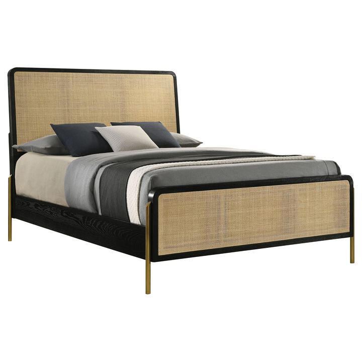Fij Queen Size Bed, Natural Rattan Woven Panel Headboard, Gold Legs, Black - Benzara