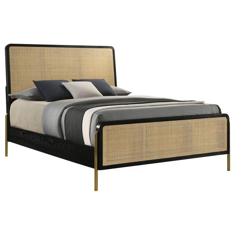 Fij Queen Size Bed, Natural Rattan Woven Panel Headboard, Gold Legs, Black - Benzara