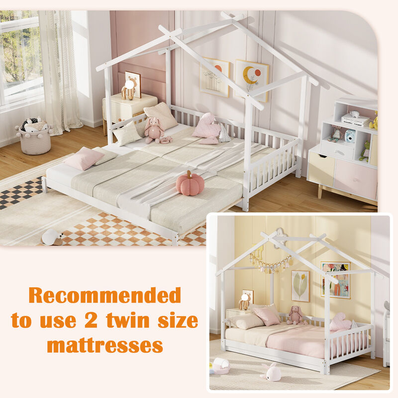 Extendable House Bed Daybed with Roof and Fence Rails
