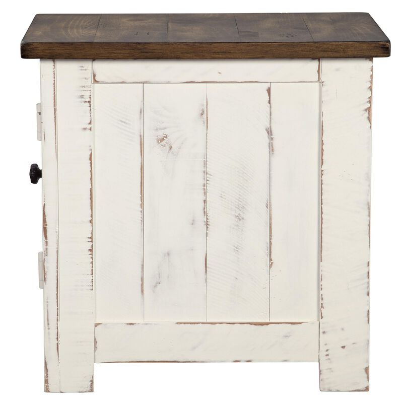 Two Tone Chair Side End Table with Wire Metal Grill Cabinet,Brown and White-Benzara