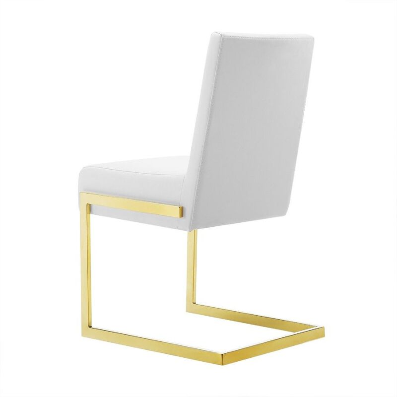 19 Inch Dining Chair, Set of 2, White Vegan Leather, Gold Cantilever Base-Benzara