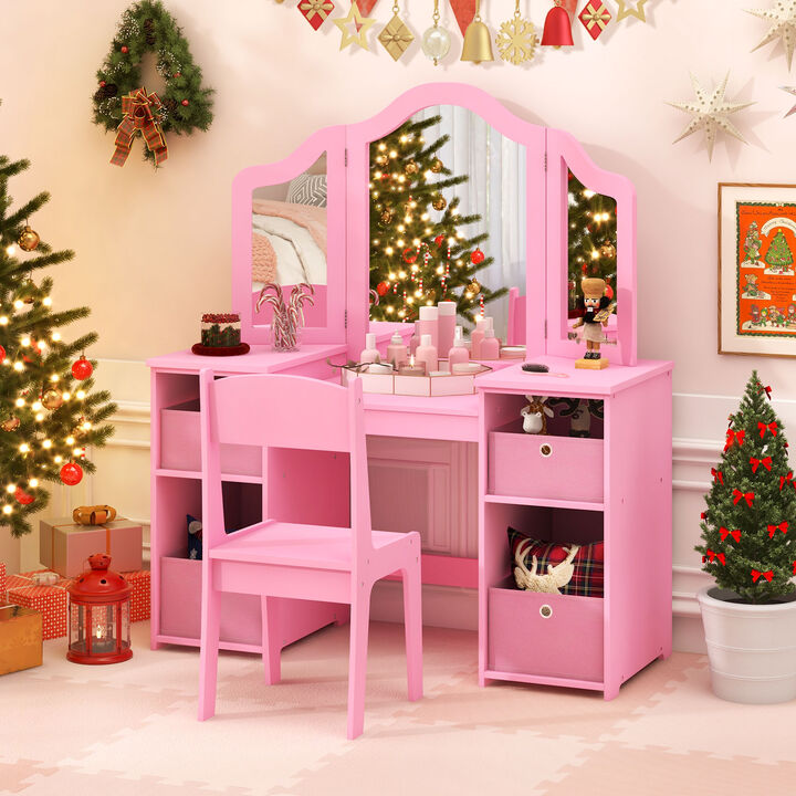Kids Vanity Table and Chair Set with Removable Mirrors and 4 Storage Bins