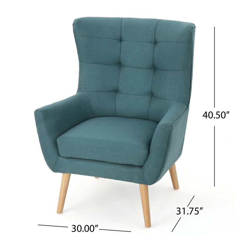 Ranie Accent Club Chair, Rubberwood Legs, Teal Button Tufted Polyester - Benzara