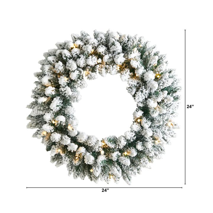 Hivvago 24" Flocked Artificial Christmas Wreath with 160 Bendable Branches and 35 Warm White LED Lights