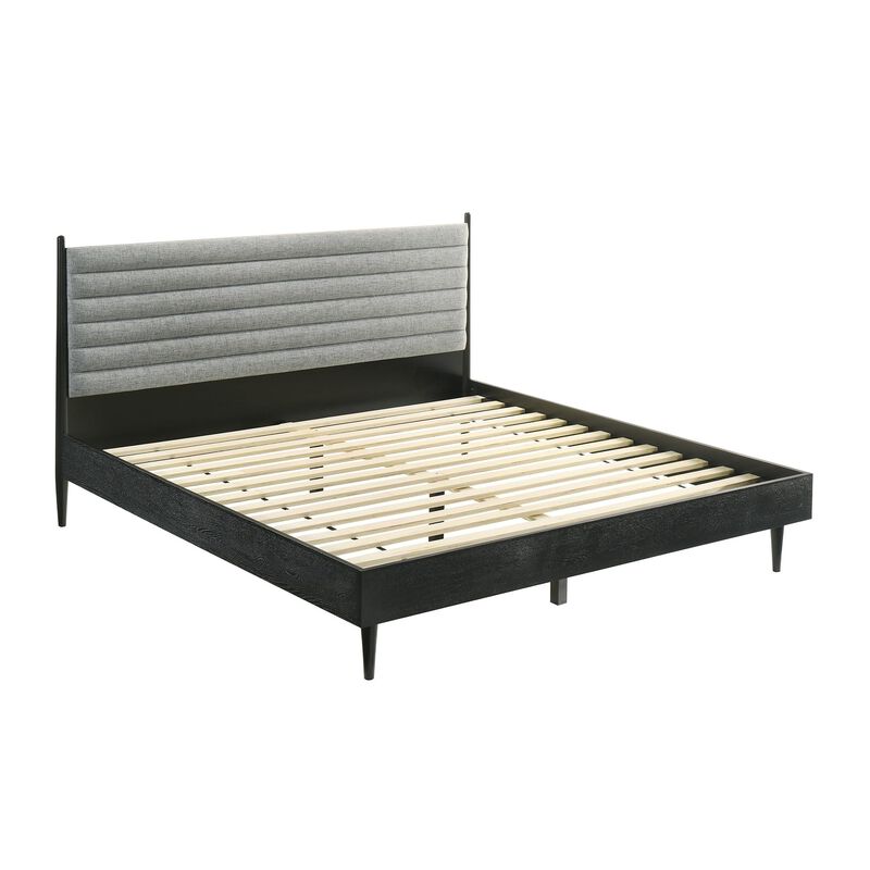 Benjara Mian King Platform Bed Frame, Channel Tufted, Black, Gray Upholstery