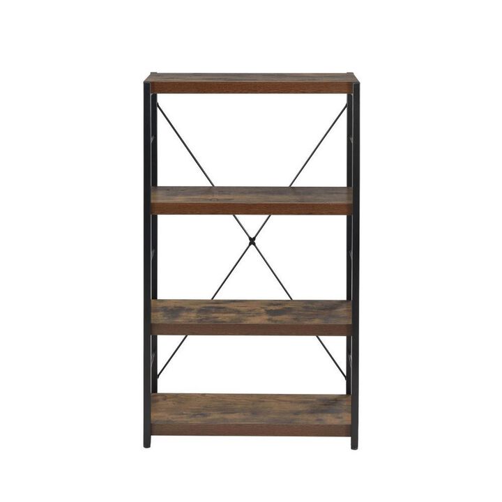 4 Tiered Metal Framed Wooden Bookshelf, Weathered Oak Brown and Black-Benzara