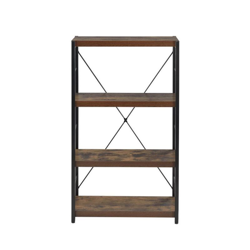 4 Tiered Metal Framed Wooden Bookshelf, Weathered Oak Brown and Black-Benzara