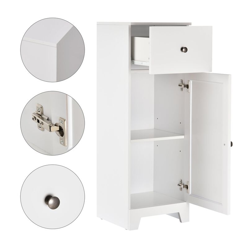 White Bathroom Storage: Small Floor Cabinet with Drawer & Shelf