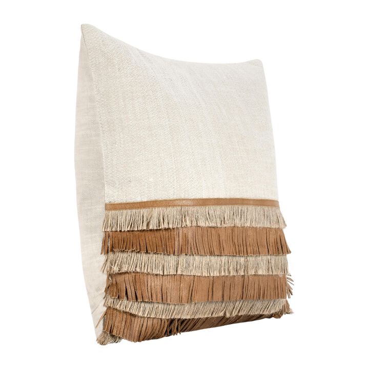 Accent Throw Pillow, Cotton Jute and Leather Fringe, 20 Inch Square - Benzara