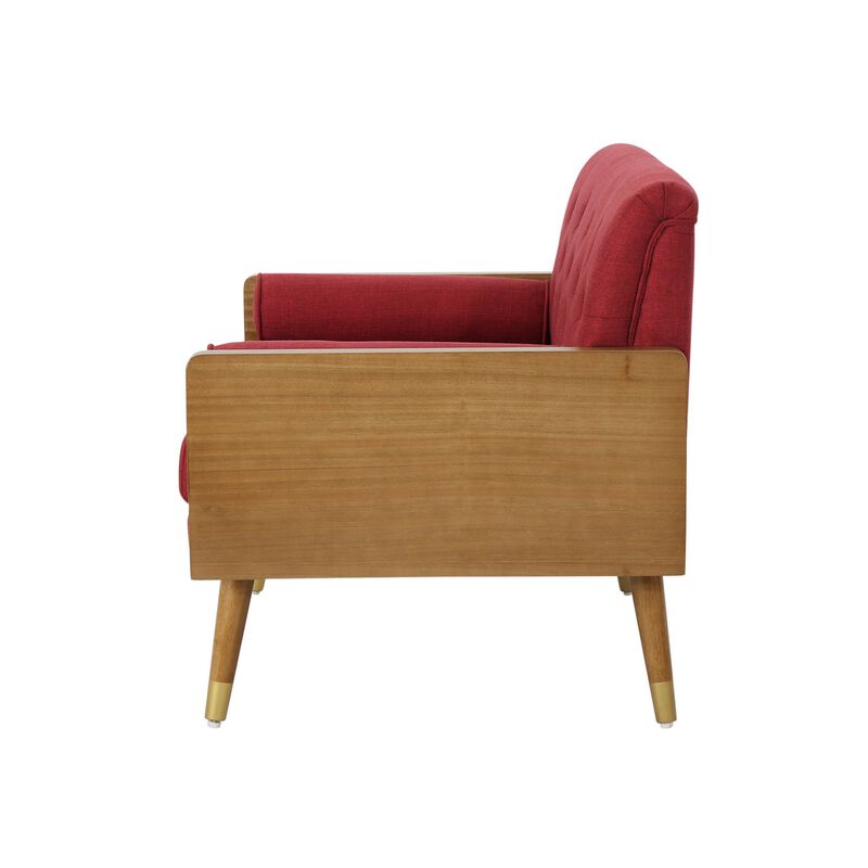 Lita Wide Accent Club Chair, Button Tufted, Red Fabric, Brown Frame - Benzara