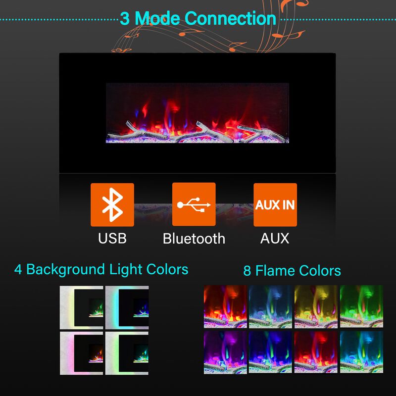 42 Inch 1500W Wall-Mount Fireplace with Multicolor Flame