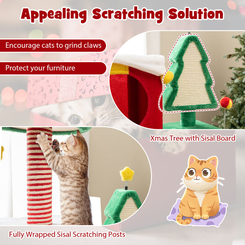 Cute Christmas Cat Tree Cat Tower for Indoor Cats with Scratching Posts and Carpet