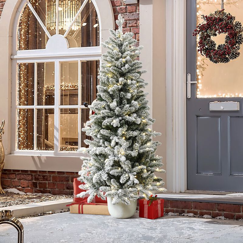 LuxenHome 5Ft Multicolored Pre-Lit Flocked Artificial Tree Potted