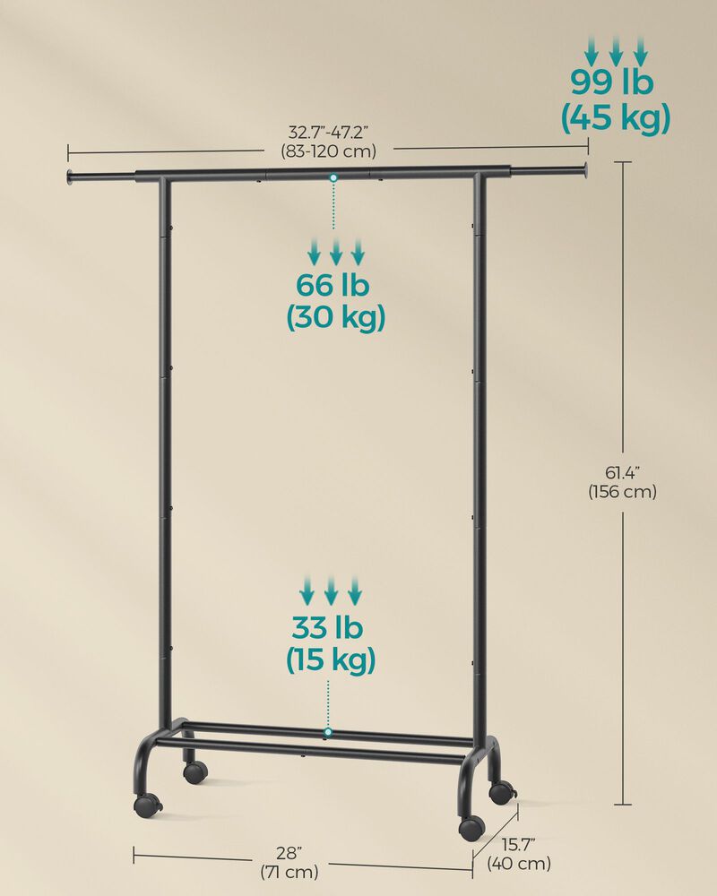 Clothes Rack with Extendable Rail and Wheels Ink Black