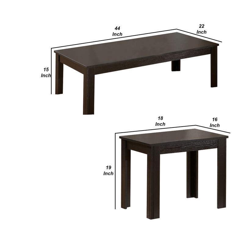 3 Piece Occasional Table Set, 1 Coffee Table, 2 End Tables, Brown Wood-Benzara