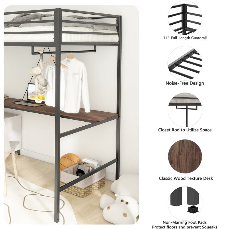Adam Twin Loft Bunk Metal Bed Frame with Desk and Closet Rod, Guardrails, Easy Assembly, Black