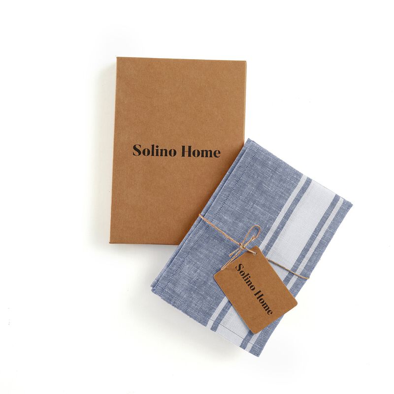 Solino Home 100% Pure Linen Kitchen Towels Set of 2 - 17 x 26 Inch | Farmhouse Stripe