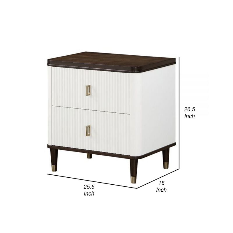 Aren 27 Inch Nightstand, 2 Drawers, USB Charger, Solid Wood, White, Brown - Benzara