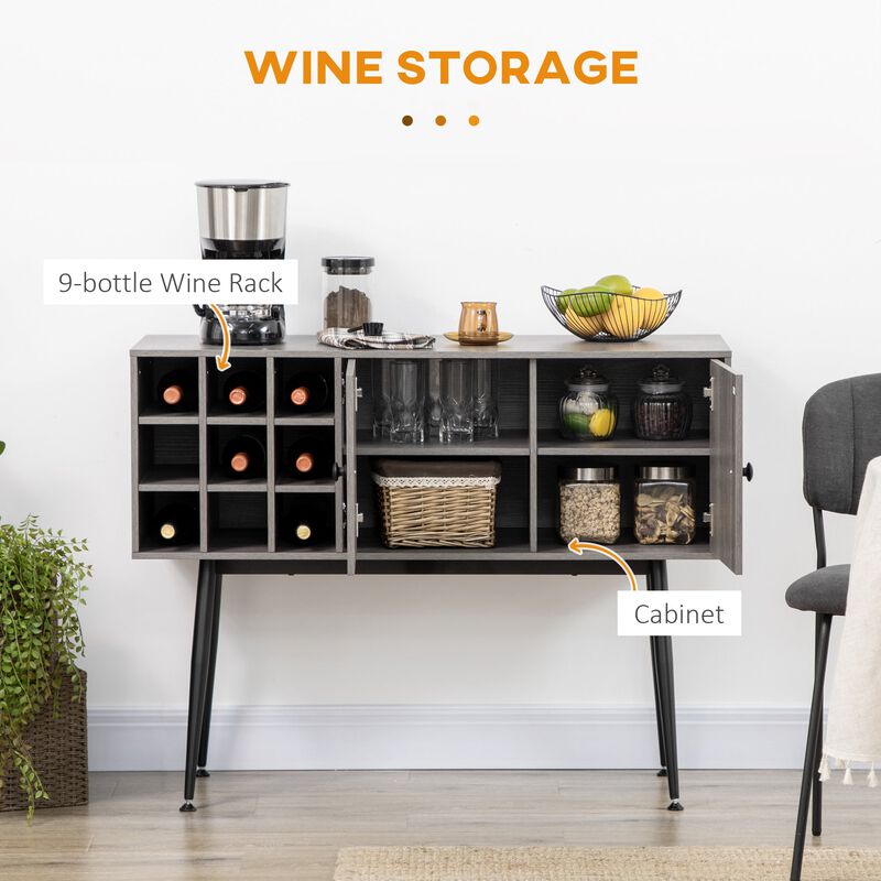 Distressed Gray Bar Cabinet: Buffet with Wine Rack & Adjustable Shelf