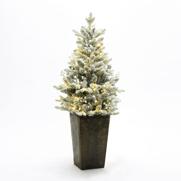 LuxenHome 4Ft Pre-Lit Flocked Artificial Tree in Tall Pot