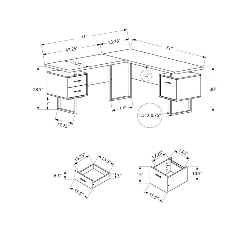 Monarch Specialties Computer Desk, Home Office, Corner, Left, Right Set-Up, Storage Drawers, 70"L, L Shape, Work, Laptop, Metal, Laminate, Grey, White, Contemporary, Modern