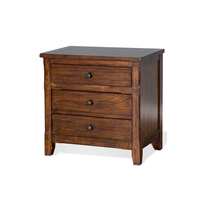 Odell Nightstand, 3 Drawers, Bronze, Rustic Dark Brown Solid Wood - Benzara