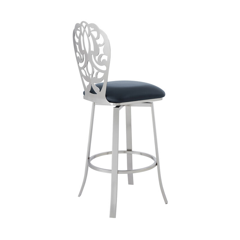 Cherie Contemporary Bar Height Barstool in Brushed Stainless Steel Finish and Gray Faux Leather