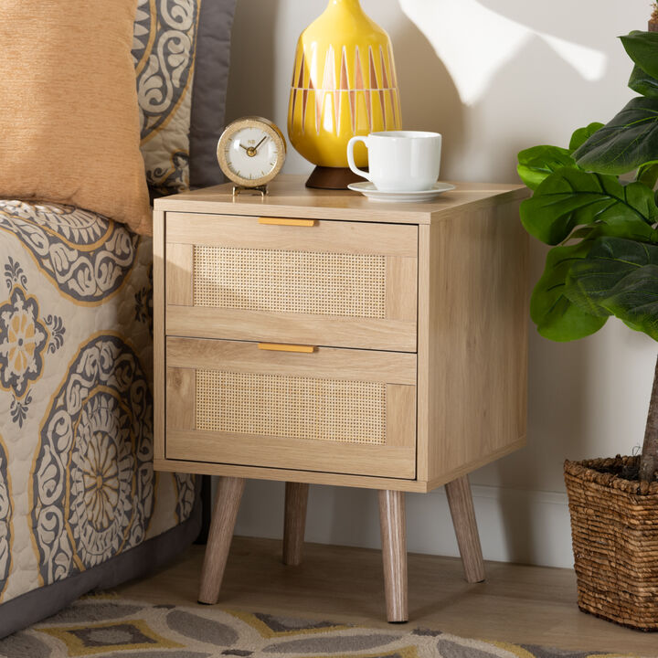 Baxton Studio Baird  Light Oak Brown Finished Wood and Rattan 2 Drawer End Table