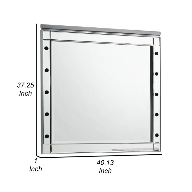 Benjara Silver Lee 37 x 40 Vanity Mirror, 10 Light Bulb Sockets, Modern Wood Frame