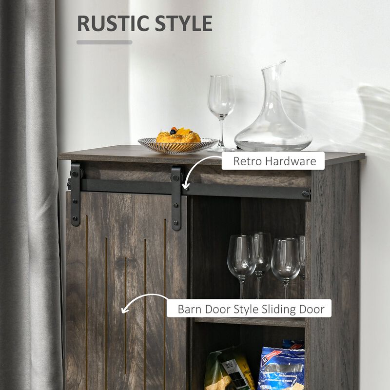 Gray Serving Bar: Industrial Buffet with Sliding Door & Wine Storage