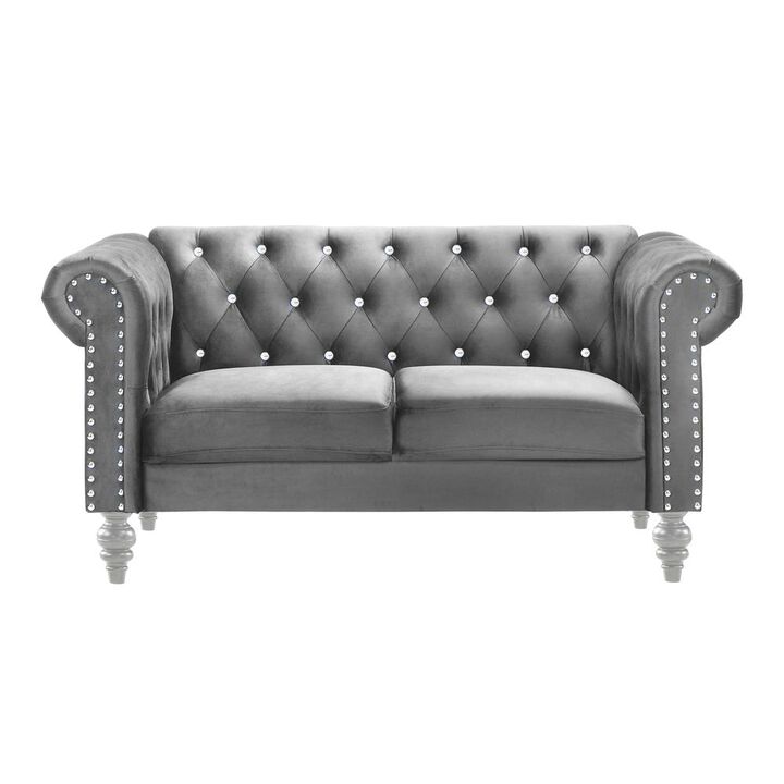 New Classic Furniture Furniture Emma Velvet Fabric Loveseat with Rolled Arms in Gray