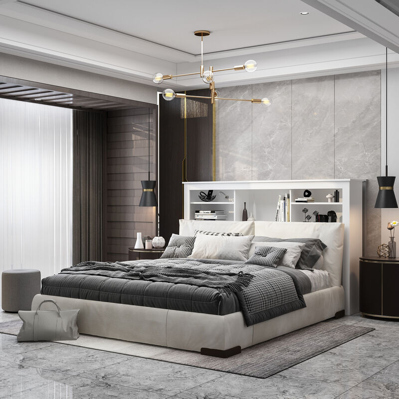 White Full Queen Wood Headboard Shelf with Socket Adapter USB Interface, Shelves and LED Lights