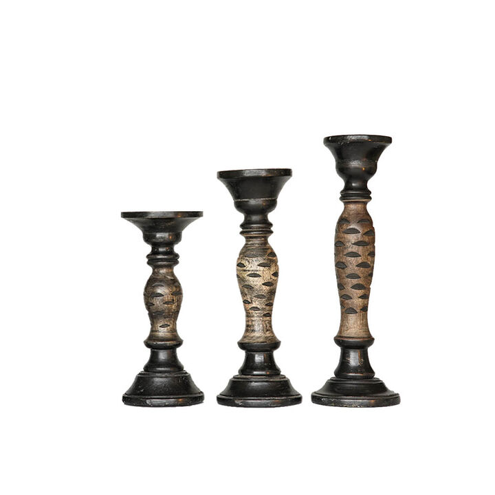 Traditional Dark Polish Eco-friendly Handmade Mango Wood Set Of Three 9",12" & 15" Pillar Candle Holder BBH Homes