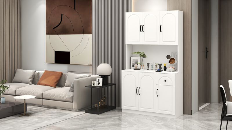 White Wood 39.76 in. Pantry Cabinet with Microwave Oven Countertop