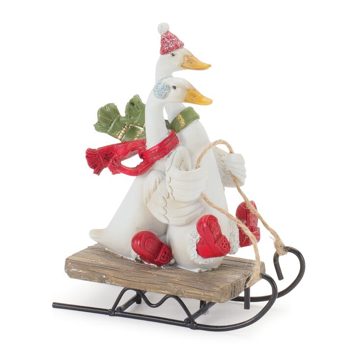 Geese on Sled Set of 4 Resin Figurines for Christmas Decor