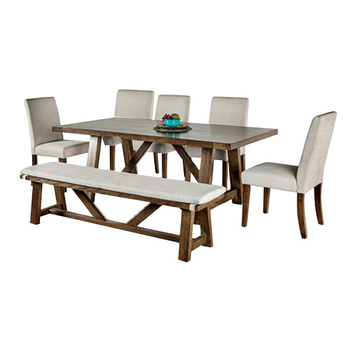 Jule 7pc Dining Set, Brown Rectangular Table, Chairs, Bench w White Seat - Benzara