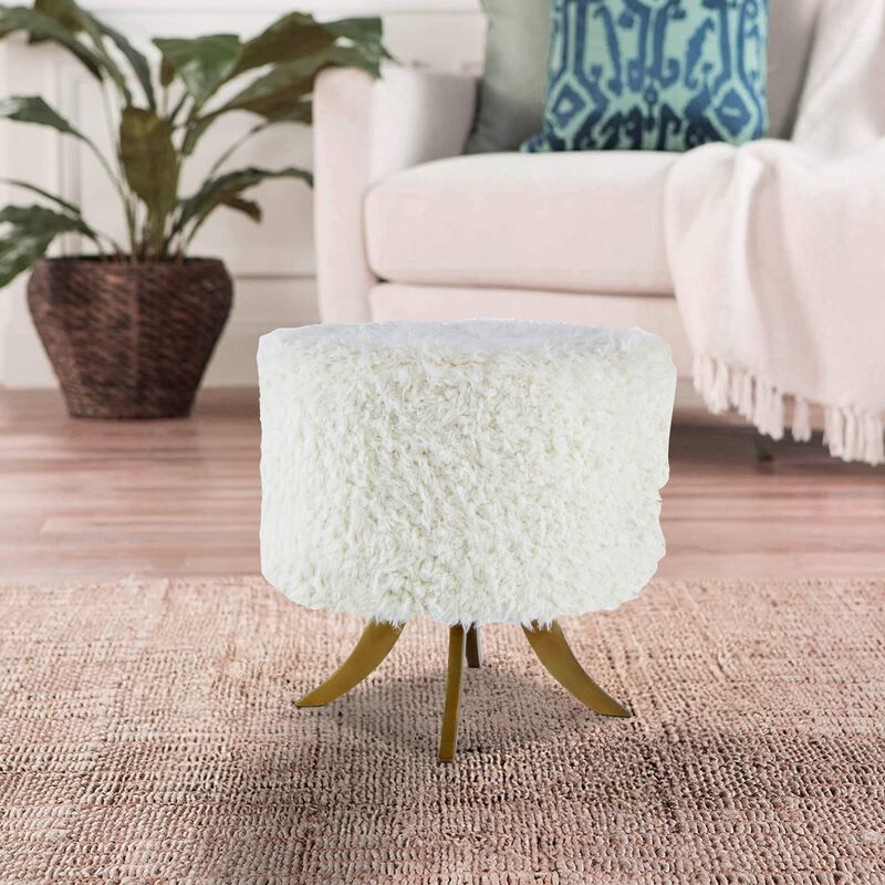 20 Inch Ottoman, Foam Filled, Shearling Fabric, Wood Frame, White, Brown-Benzara