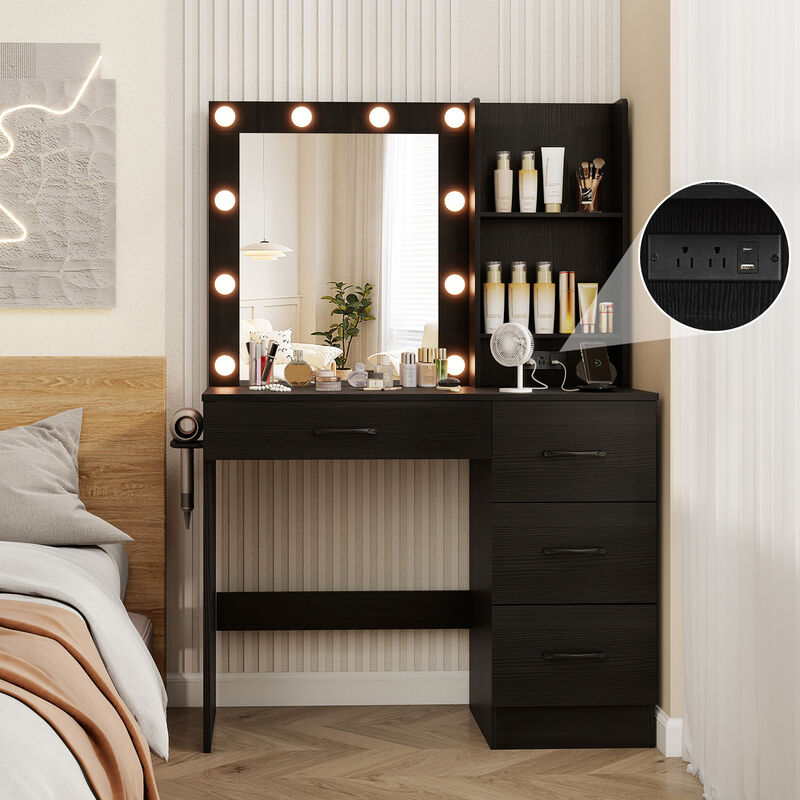 Vanity Desk with 3-Color Lights and Power Outlets