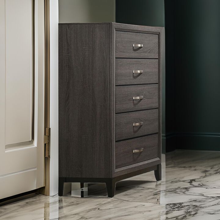 Erica Tall Dresser Chest, 5 Drawers, Gray Wood Finish, Metal Handles
