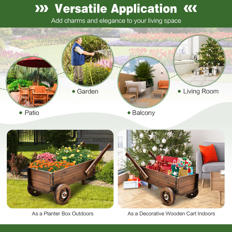 Wooden Wagon Planter Box with Wheels Handles and Drainage Hole-Rustic Brown