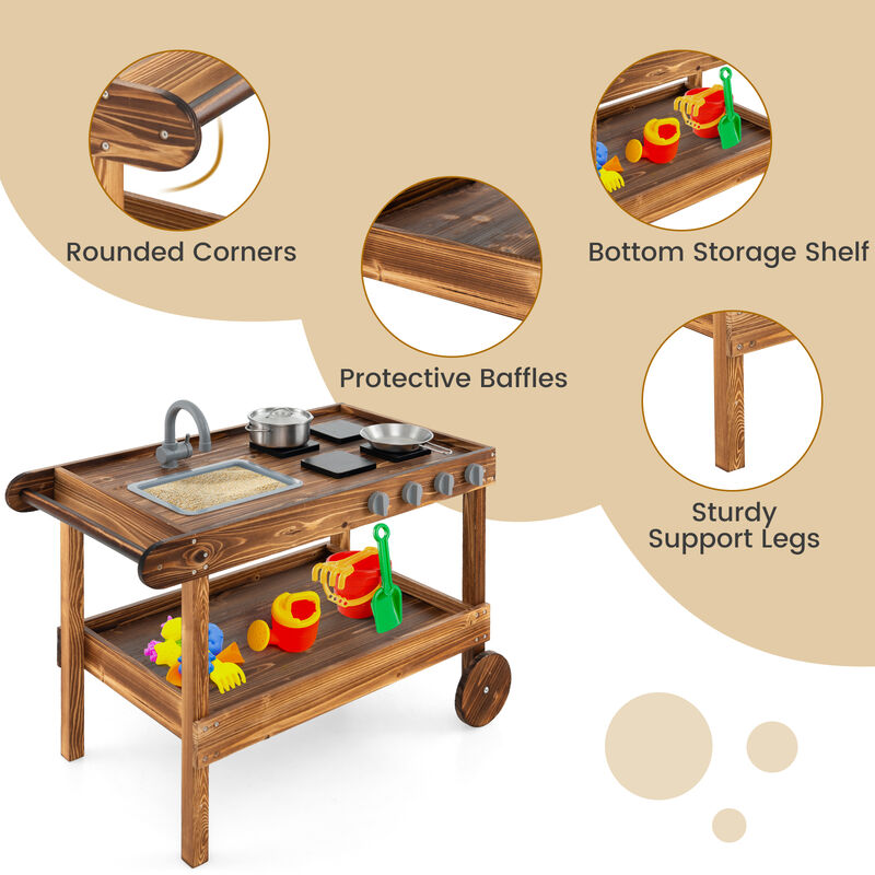 Outdoor Movable Mud Kitchen with 2 Rolling Wheels and 1 Push Handle-Natural