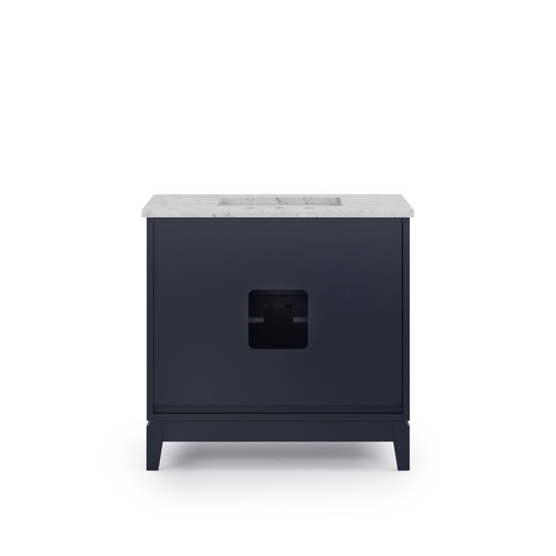 Elizabeth 36 In. Single Sink Carrara White Marble Countertop Bath Vanity In Monarch Blue with Satin Gold Hardware