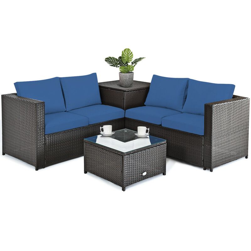 4 Pieces Outdoor Patio Rattan Furniture Set with Cushioned Loveseat and Storage Box