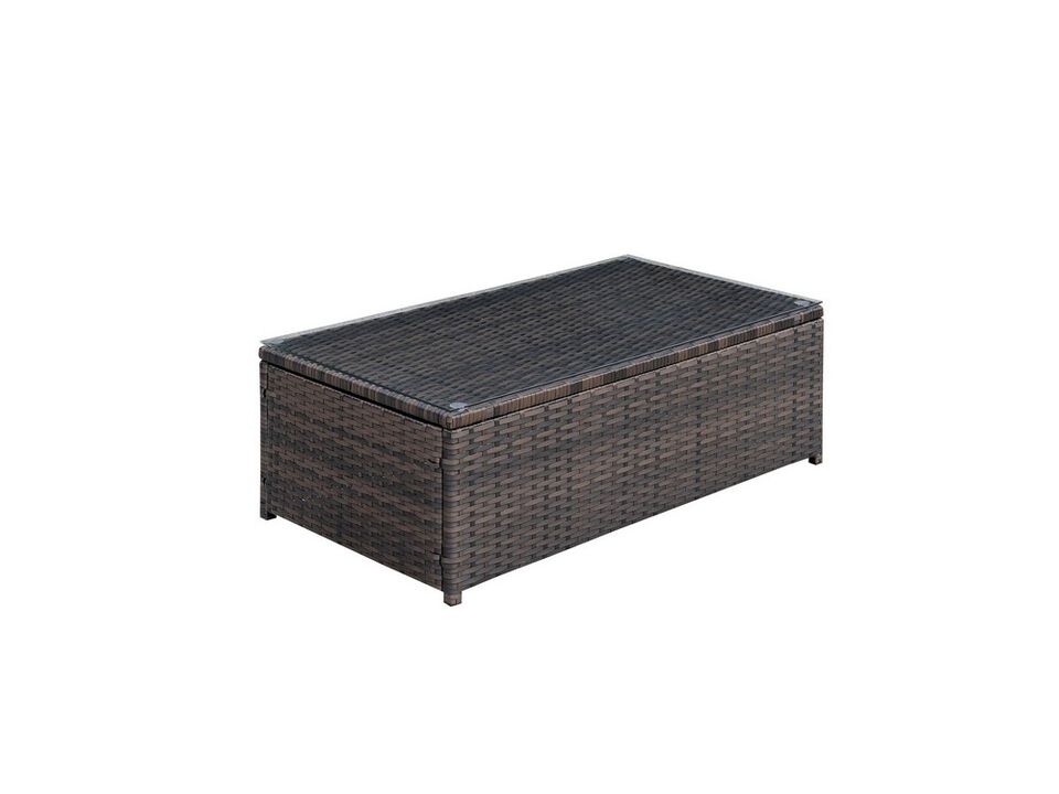 Rectangular Faux Rattan and Aluminum Coffee Table with Glass Top, Brown-Benzara