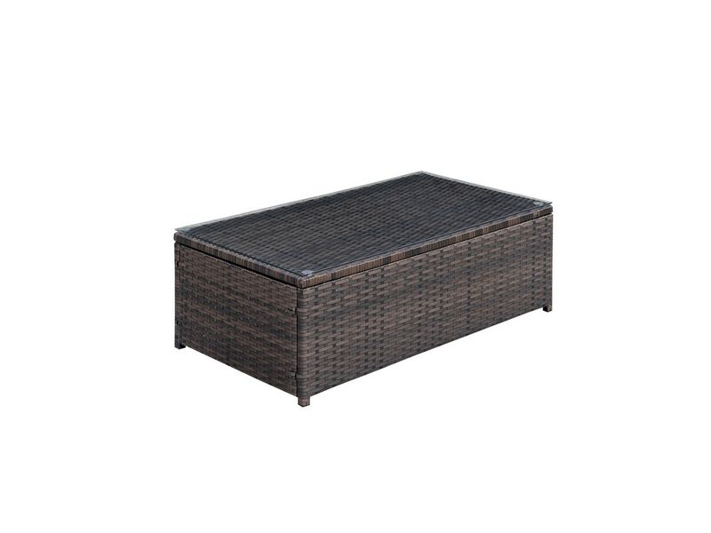 Rectangular Faux Rattan and Aluminum Coffee Table with Glass Top, Brown-Benzara