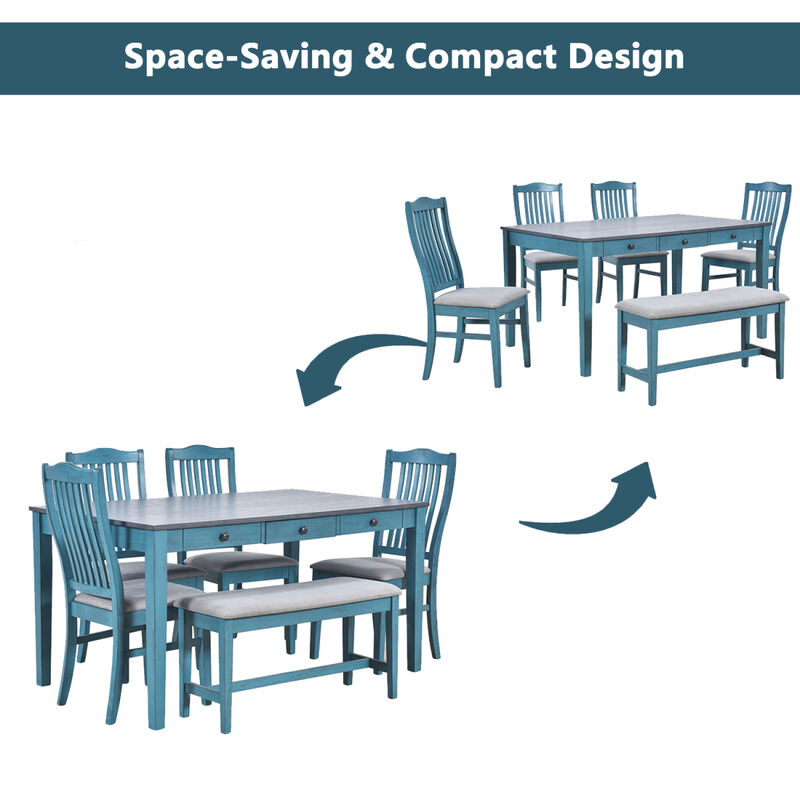 Mid-Century 6-Piece Wood Dining Table Set, Kitchen Table Set With Drawer, Upholstered Chairs