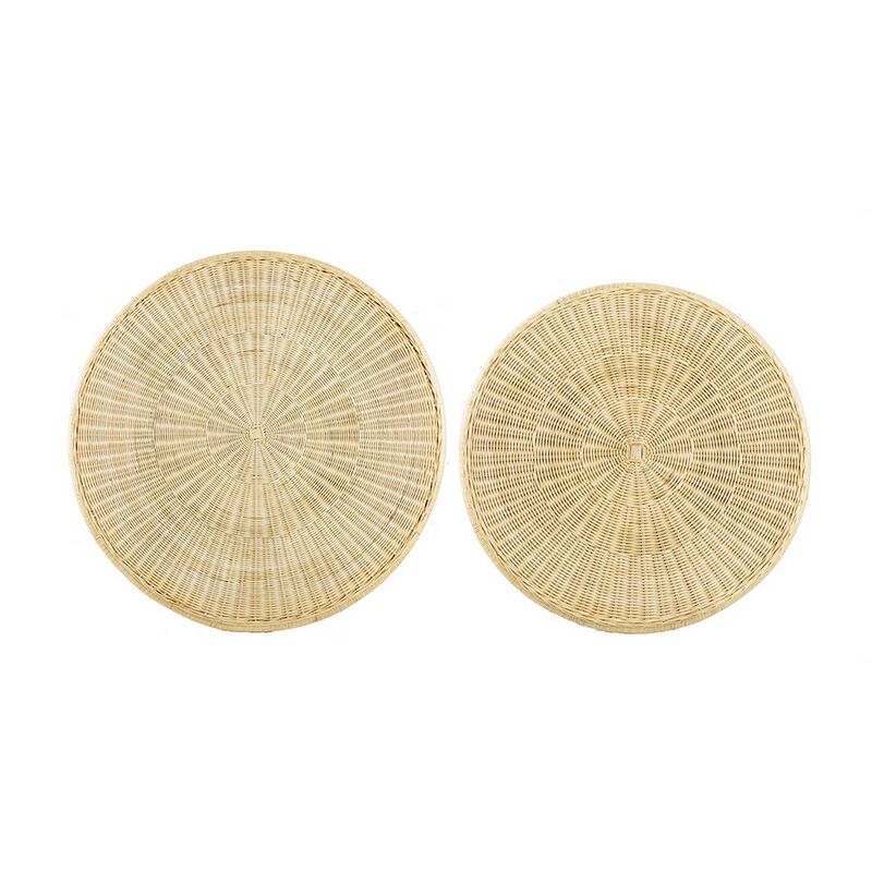 32, 40 Inch Coffee Table Set of 2, Round Tops, Handwoven Rattan, Brown - Benzara